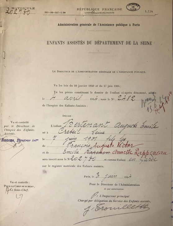Décision d'admission d'Auguste Emile Bertenant comme enfant en garde, Assistance publique de Paris
