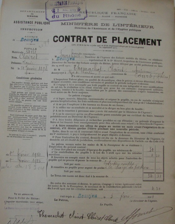 Contrat de placement de Claude Clairet à Beaujeu, Rhône