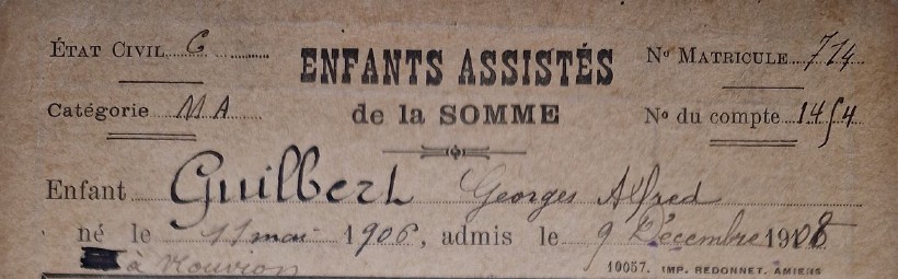 Fiche des Enfants assistés de la Somme, Georges Alfred Guilbert