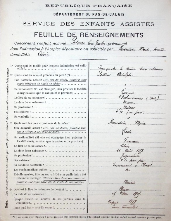Feuille de renseignements du Service des Enfants assistés du Pas-de-Calais concernant Léon Gaston Poteau