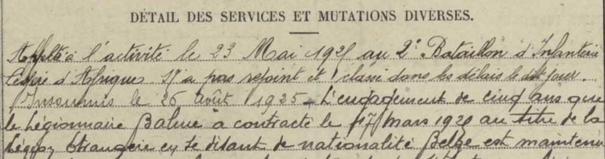 Extrait de la fiche matricule de Robert Julien Balme, détail des services et mutations diverses