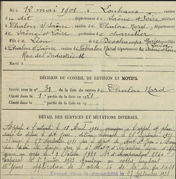 Fiche matricule militaire d'André Bonnavent, n°760