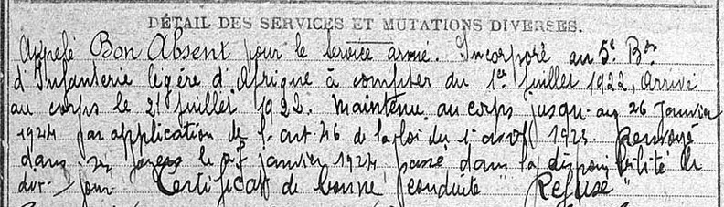 Extrait de la fiche matricule de Gabriel Pierre Marie Delorme, détail des services et mutations diverses
