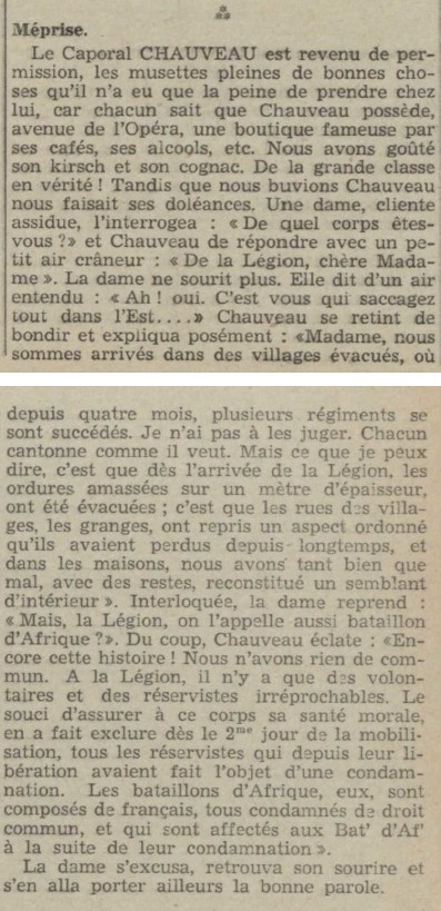 Article de presse « Méprise », le caporal Chauveau explique à une dame que les Bat' d'Af' et la Légion étrangère n'ont rien de commun