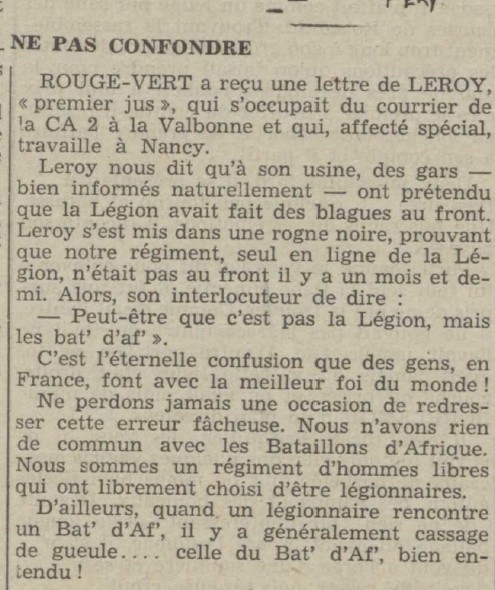 Article « Ne pas confondre » sur les Bat' d'Af' et la Légion étrangère, revue Rouge et Vert