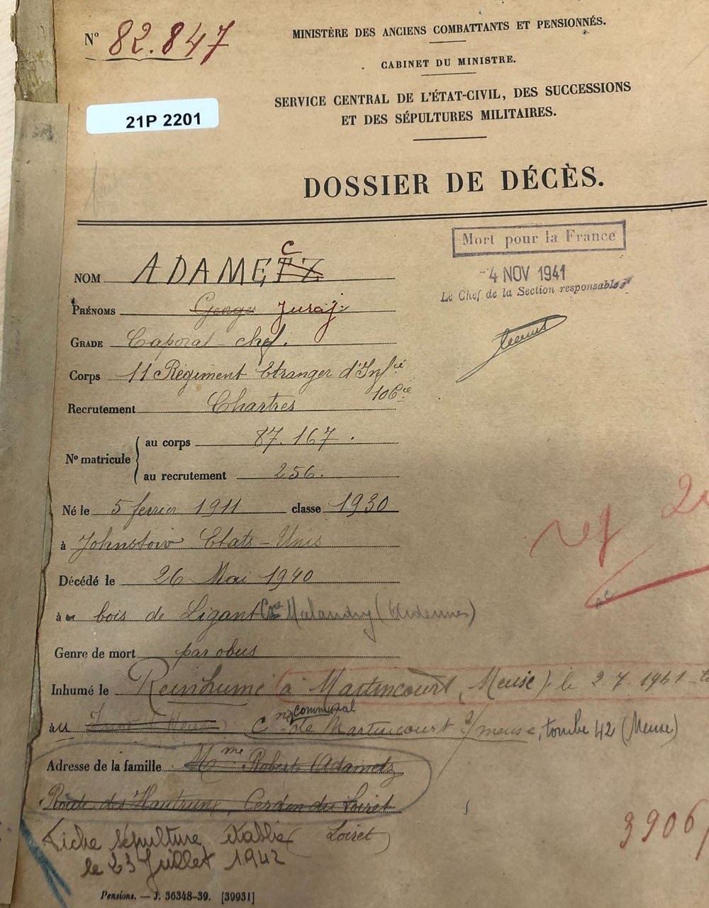 Dossier de décès de Georges Juraj Adametz, SHD Caen, AC 21 P 2201