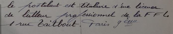 Extrait manuscrit : titulaire d'une licence de lutteur professionnel de la FFLB, 1 rue Taitbout