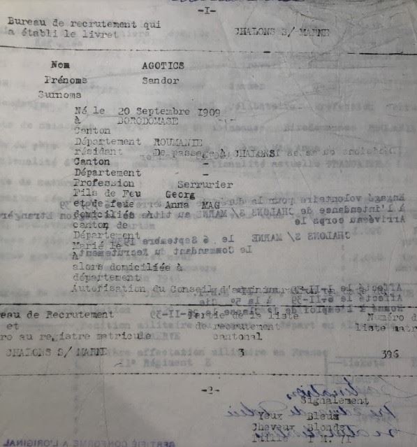 Livret matricule d'Agotics Sandor, engagement du 6 septembre 1939 à Châlons-sur-Marne