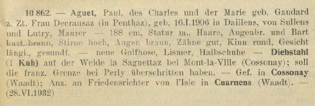 Archive de la police suisse concernant Paul Aguet
