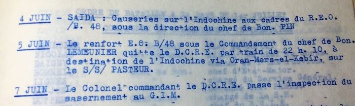Extrait du journal du DCRE mentionnant le départ du renfort pour l'Indochine