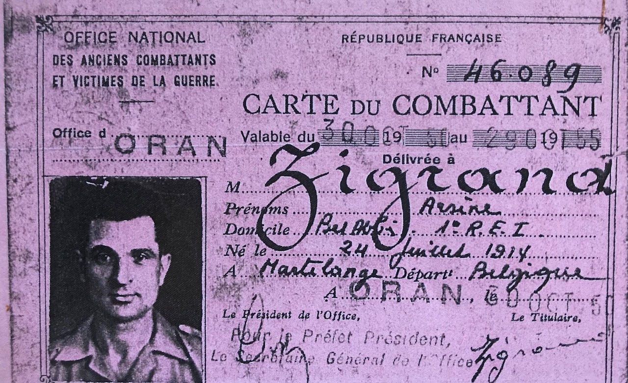 Carte du combattant d'Arsène Zigrand