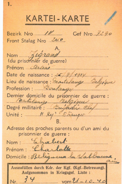 Carte de prisonnier de guerre d'Arsène Zigrand, Front Stalag n°240