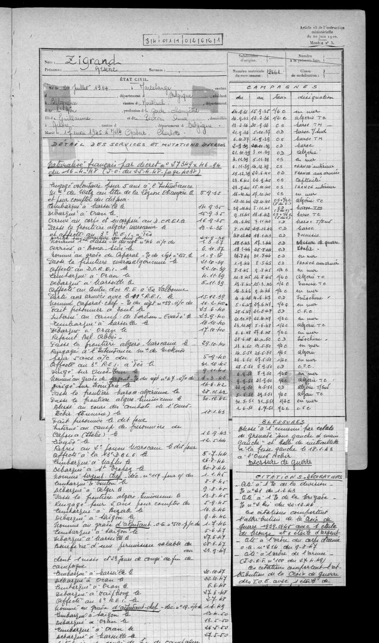 État signalétique et des services d'Arsène Zigrand