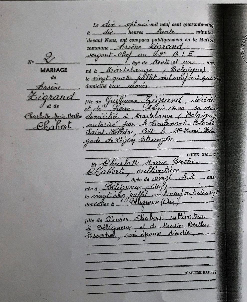 Acte de mariage d'Arsène Zigrand et Charlotte Chabert