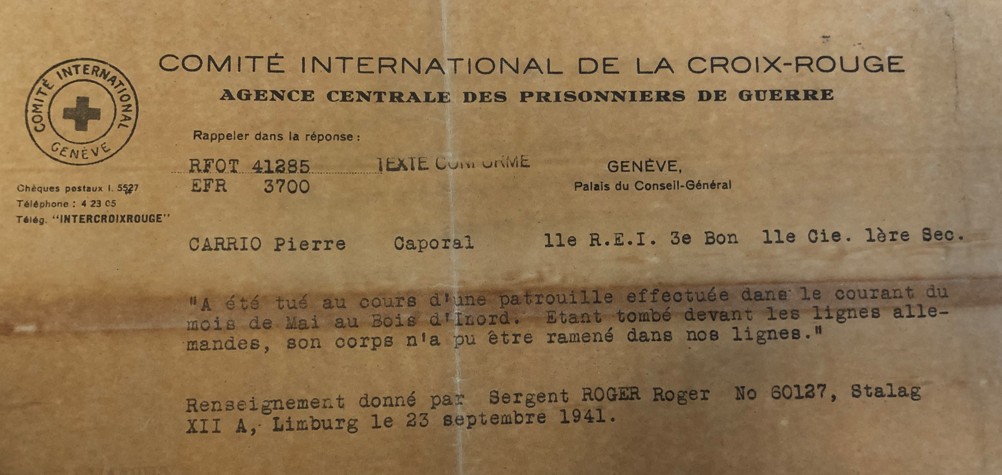 Fiche de la Croix-Rouge, témoignage du sergent Roger