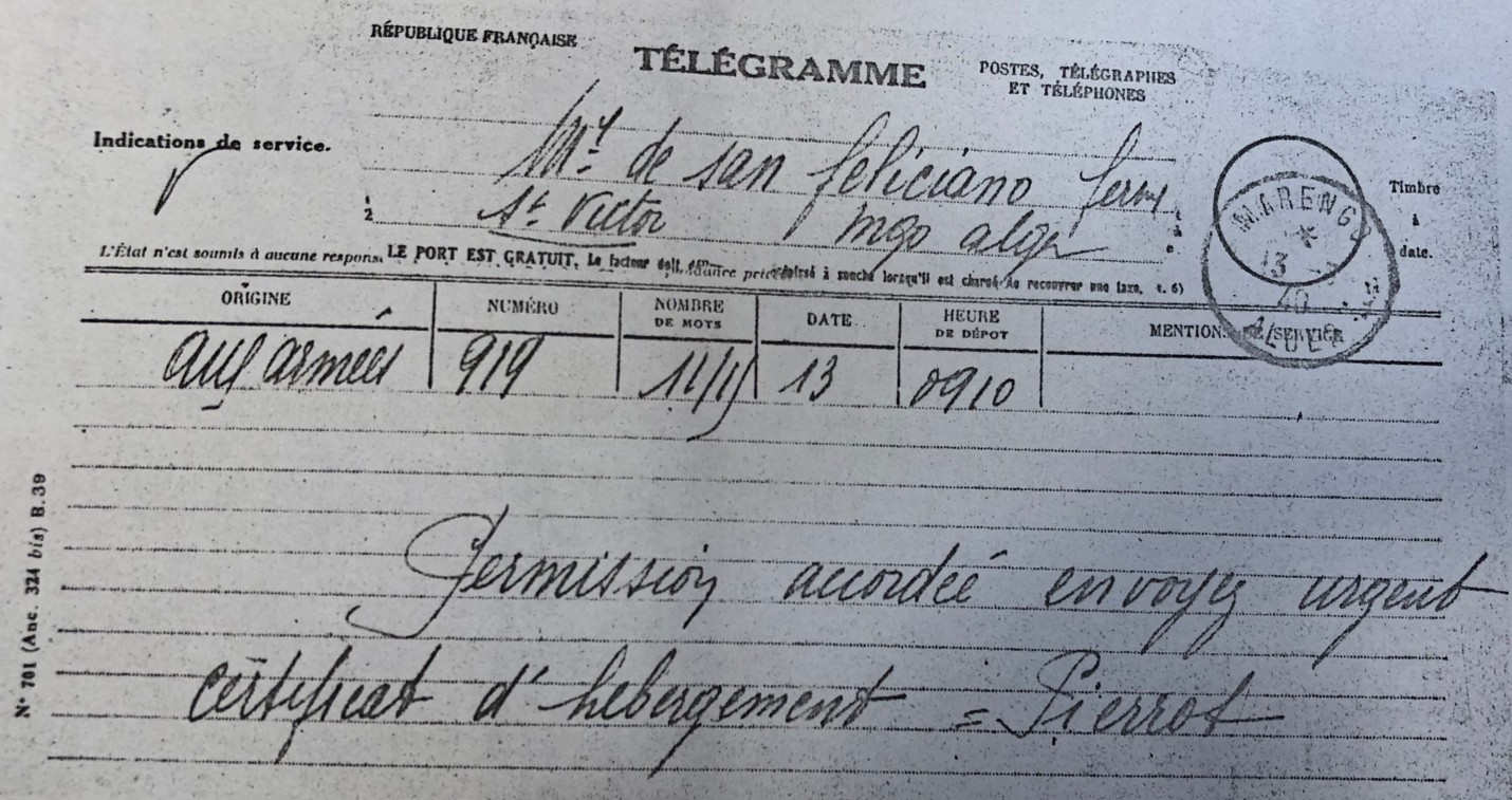 Télégramme de Pierre Carrio, Marengo