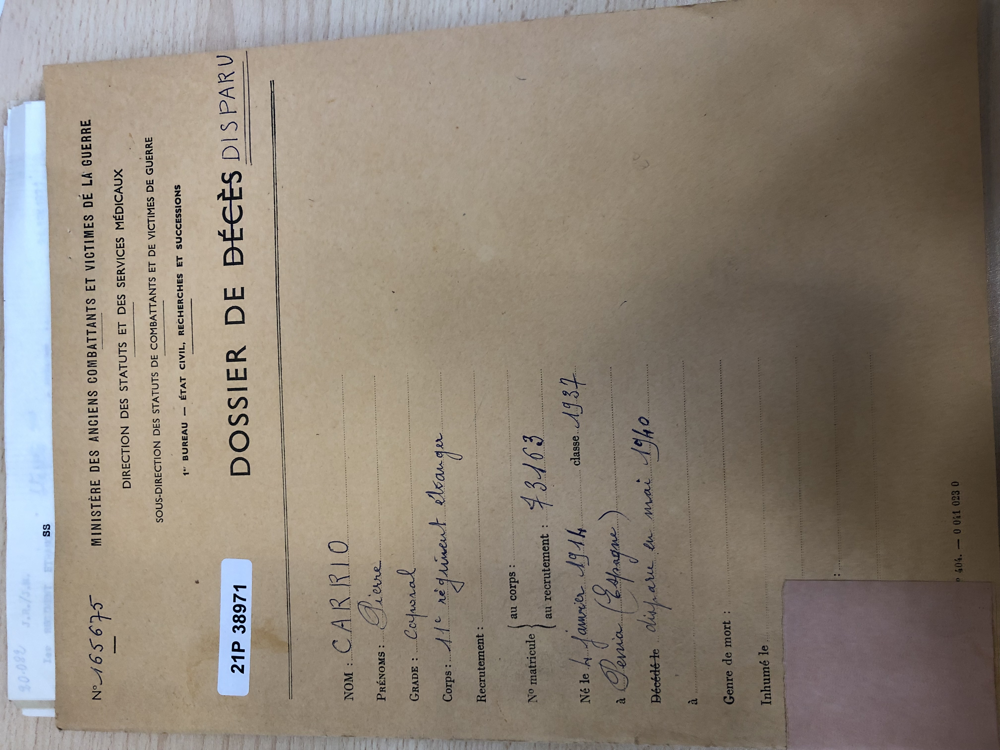 Couverture du dossier de disparu de Pierre Carrio
