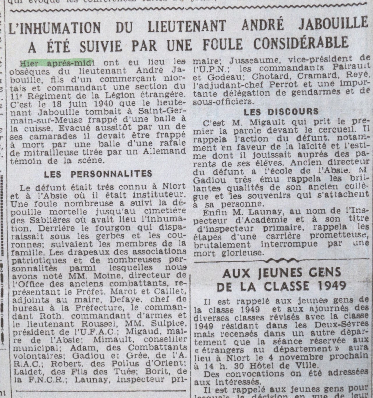 Article de presse : l'inhumation du lieutenant André Jabouille suivie par une foule considérable