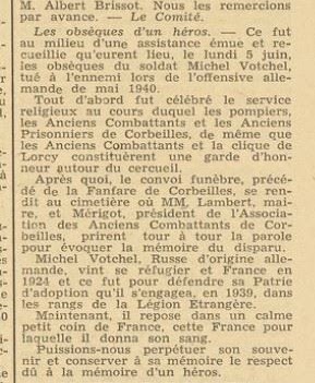 Article de presse : les obsèques d'un héros, Michel Votchel