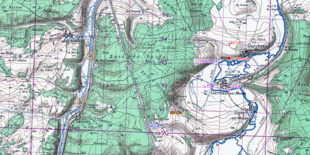 Carte détaillée des positions du 2e bataillon le 18 juin 1940, secteur Void, Ourches, Saint-Germain-sur-Meuse