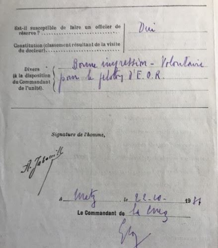 Extrait du livret militaire d'André Jabouille, mention 'susceptible de faire un officier de réserve'