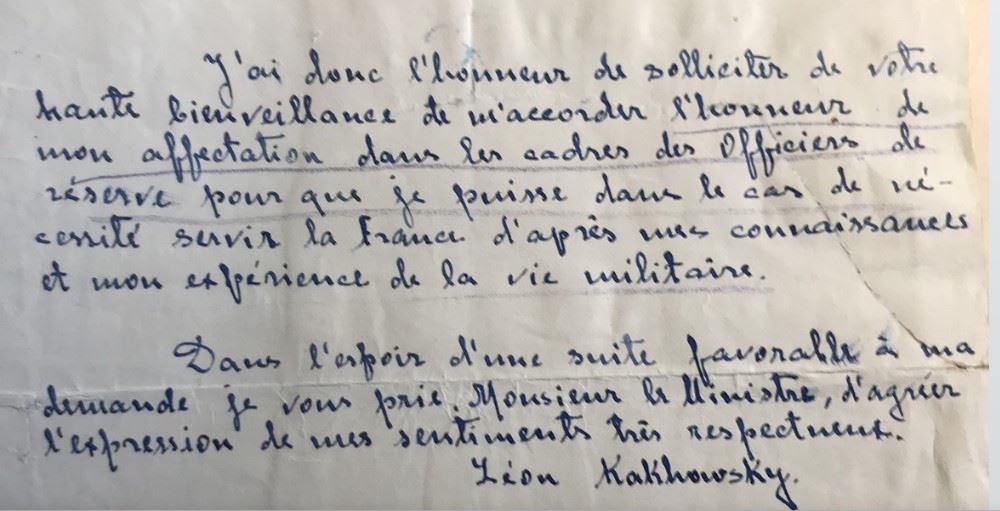Lettre manuscrite de Léon Kakhowsky sollicitant son affectation dans les cadres des officiers de réserve, 1930