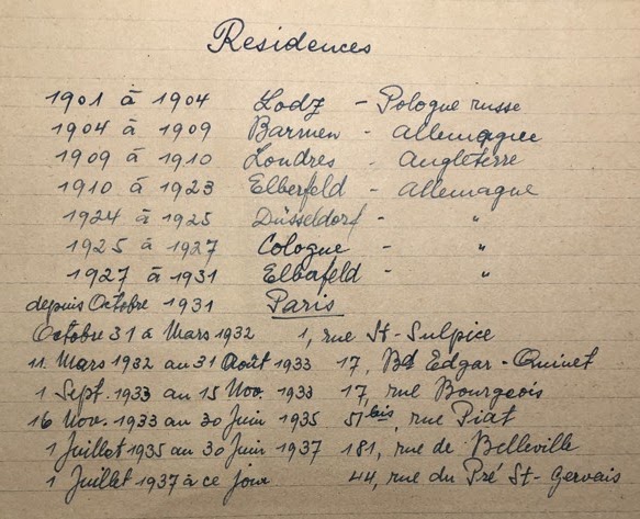 Liste manuscrite des résidences successives de Wolf Lajzerowicz, de 1901 à 1937