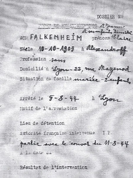 Fiche de renseignements concernant Claire Falkenheim, née Lajzerowicz, arrêtée à Lyon le 5 août 1944