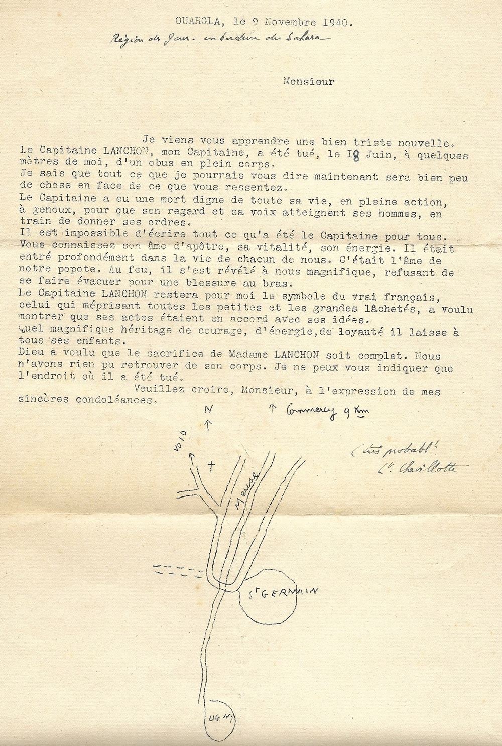 Lettre manuscrite du lieutenant Chevillotte à la famille Lanchon, 9 novembre 1940, avec un croquis du lieu de la mort du capitaine près de Saint-Germain-sur-Meuse