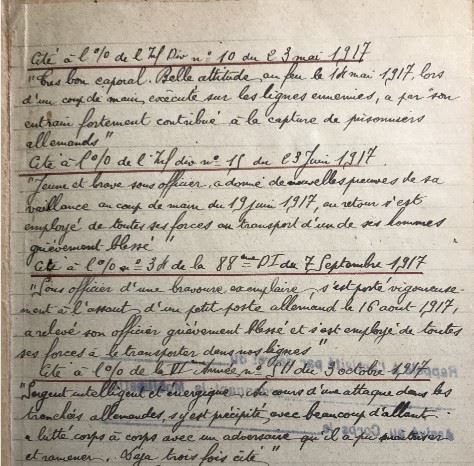 Extrait de fiche matricule listant les citations de Louis Lanchon en 1917