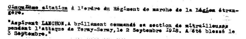 Cinquième citation de Louis Lanchon, à l'ordre du régiment de marche de la Légion étrangère, pour l'attaque de Terny-Sorny