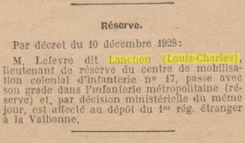 Journal officiel, décembre 1928, affectation de Lefèvre dit Lanchon au dépôt du 1er régiment étranger à La Valbonne