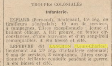 Journal officiel citant Lefebvre dit Lanchon parmi les officiers des troupes coloniales, blessé et cité pendant la guerre