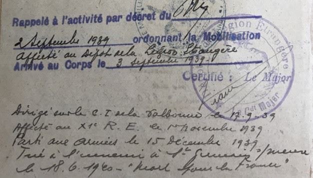 Fiche matricule mentionnant : tué à l'ennemi à Saint-Germain-sur-Meuse le 18 juin 1940, mort pour la France