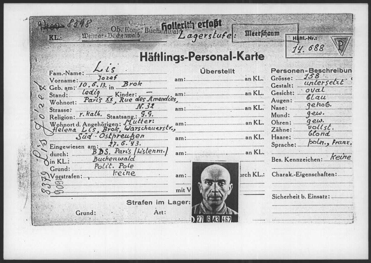 Fiche d'internement (Häftlings-Personal-Karte) de Josef Lis au camp de Buchenwald, avec photo d'identité, matricule 14688