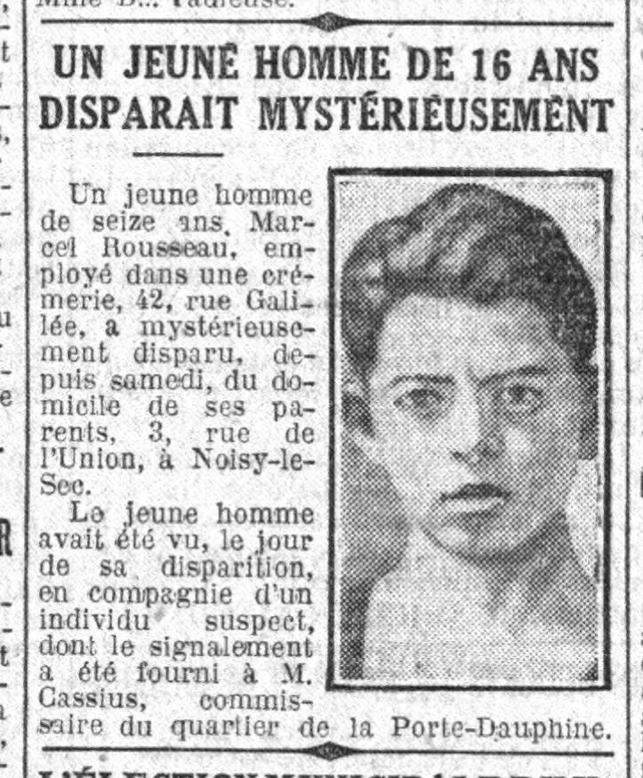 Coupure de presse relatant la disparition de Marcel Rousseau