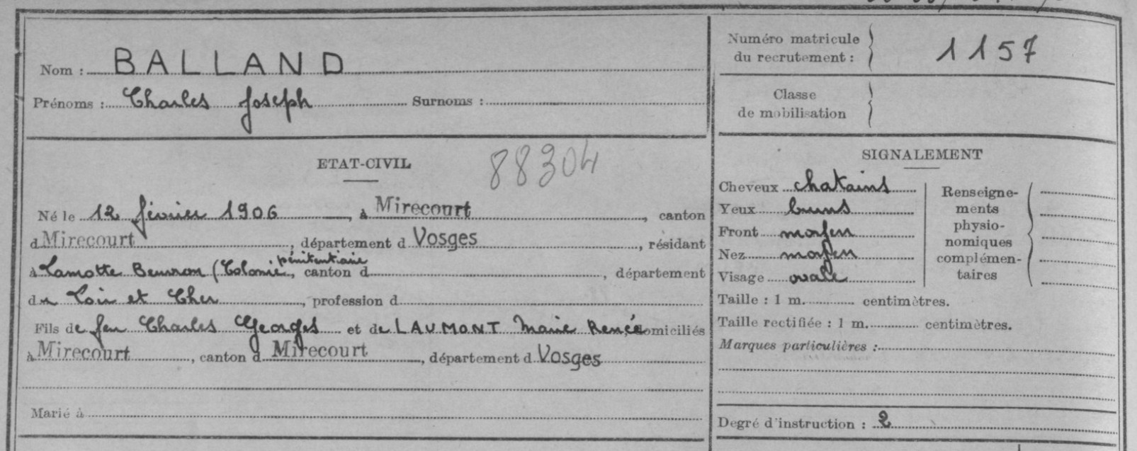 Fiche matricule militaire de Charles Joseph Balland