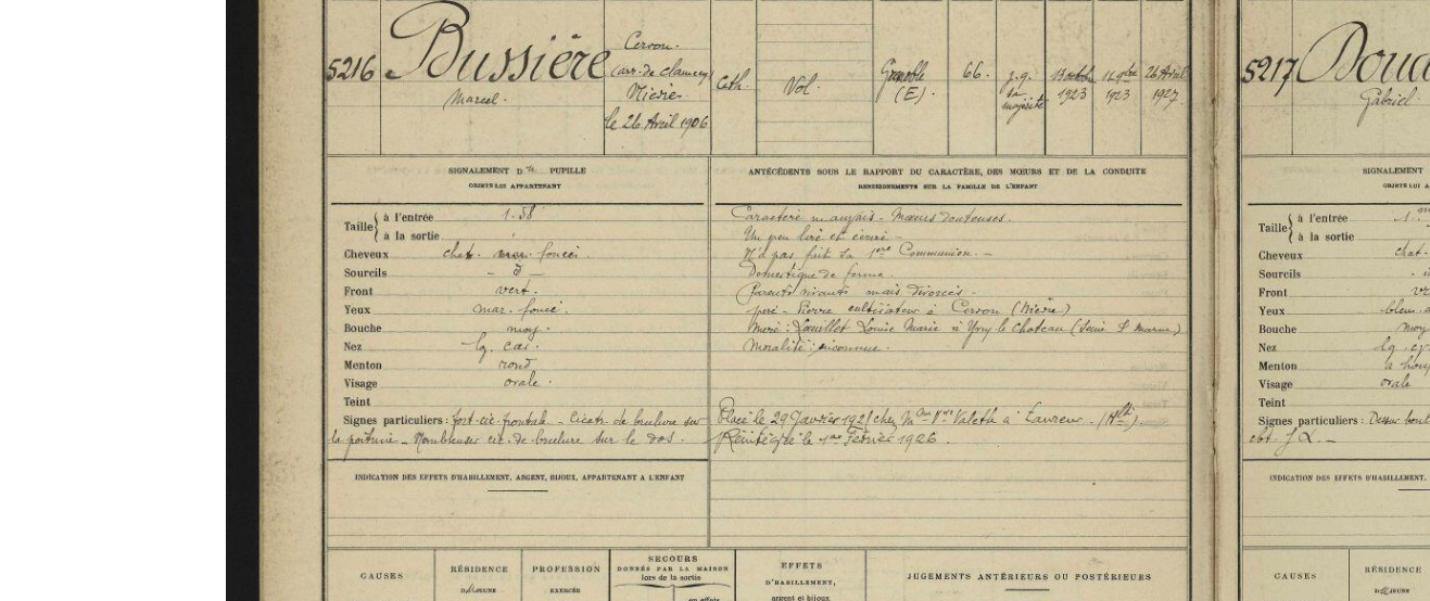 Fiche de colonie pénitentiaire d'Aniane, Marcel Bussière
