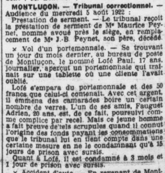 Coupure de presse, tribunal correctionnel de Montluçon, Paul Lofé
