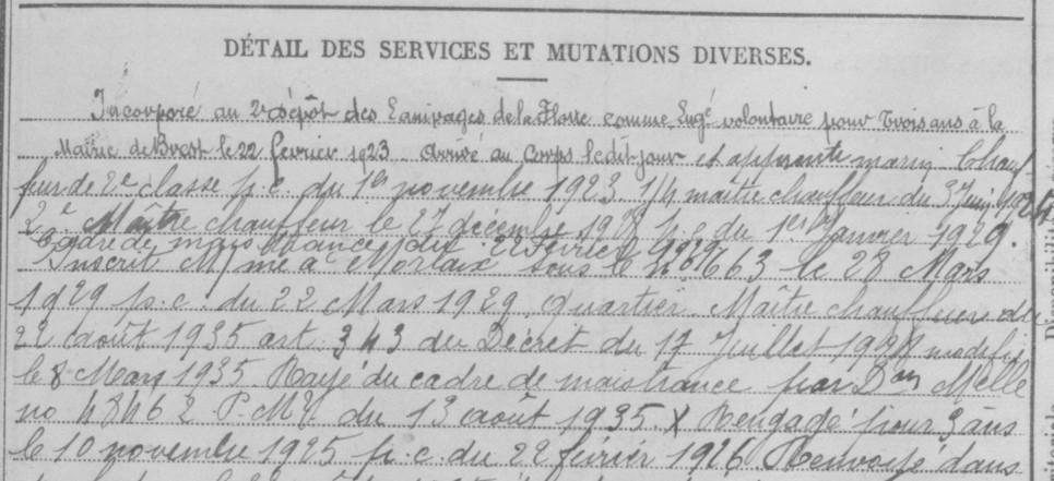 Détail des services et mutations diverses de la fiche matricule de Jean Marie Cornec