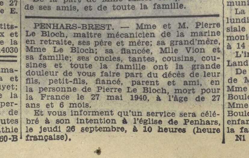 Avis de décès de Pierre Le Bloch paru dans La Dépêche de Brest