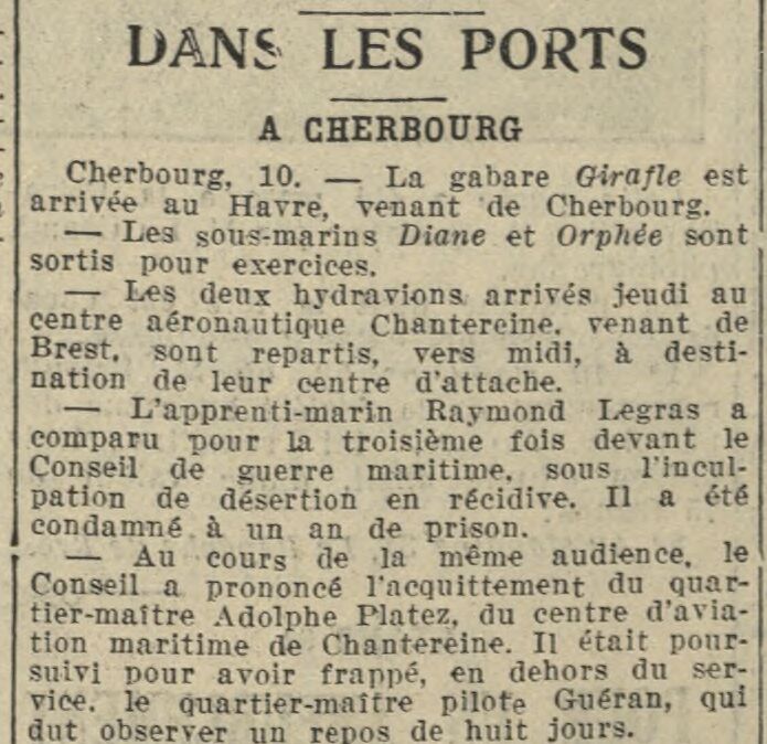 Article de presse « Dans les ports, à Cherbourg » mentionnant la condamnation de Raymond Legras par le conseil de guerre maritime