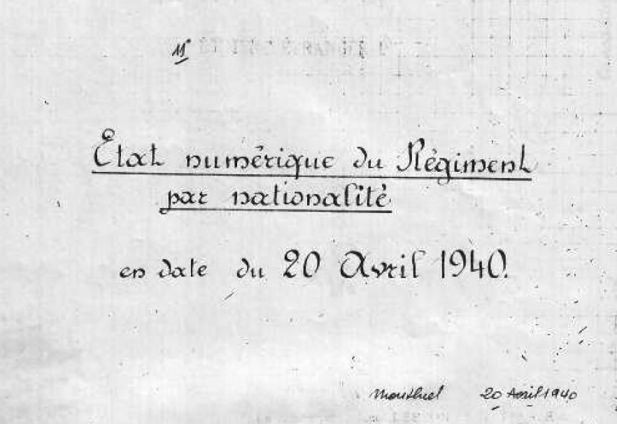 Page de garde de l'état numérique du régiment par nationalité, daté du 20 avril 1940