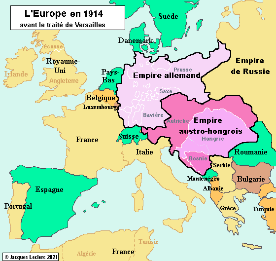 Carte de l'Europe en 1914, avant le traité de Versailles