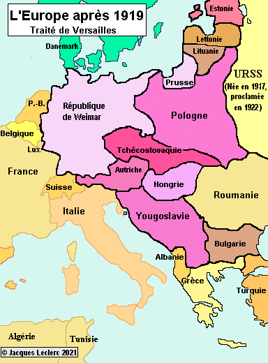 Carte de l'Europe après 1919, traité de Versailles