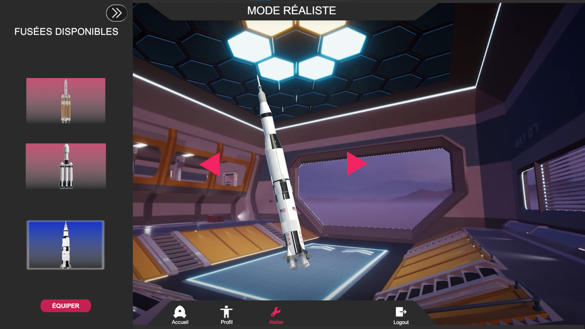 screenshot de l'interface de sélection des fusées