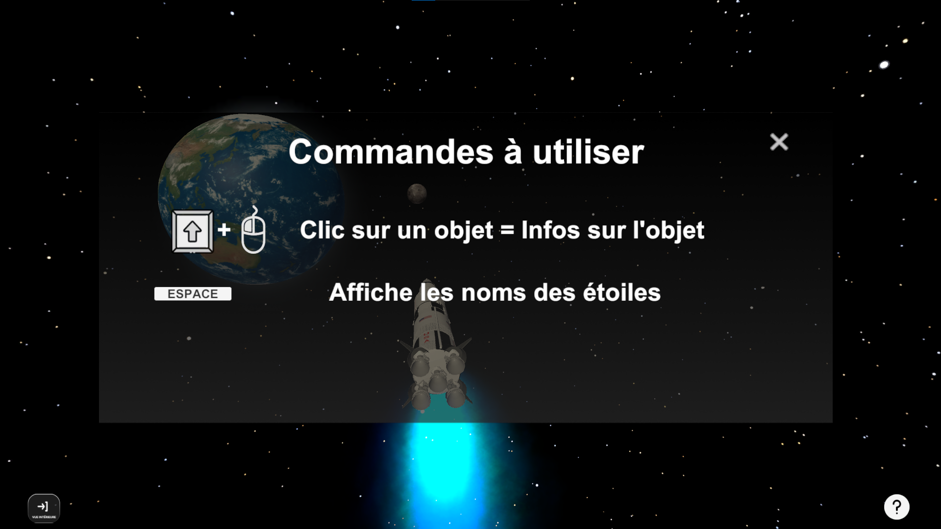 screenshot de l'interface de voyage dans l'espace