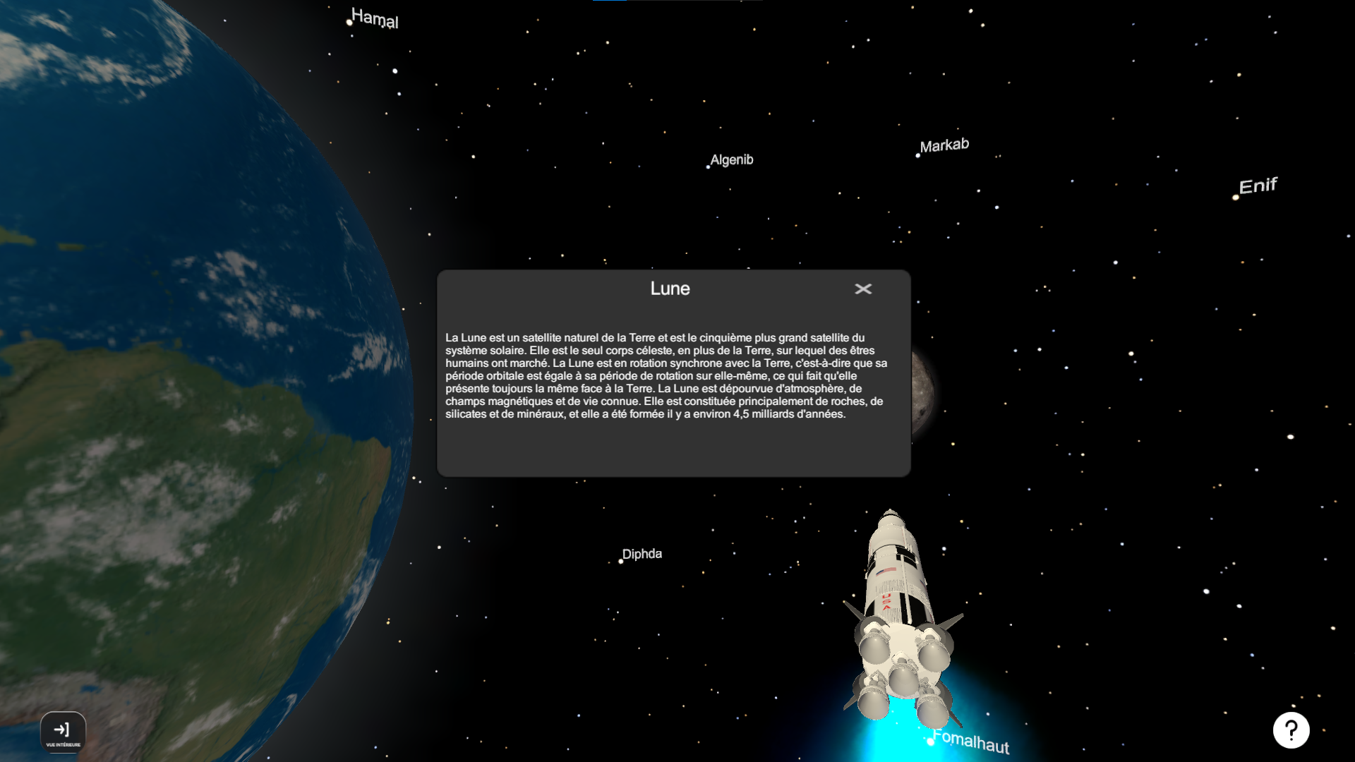 screenshot de l'interface de voyage dans l'espace