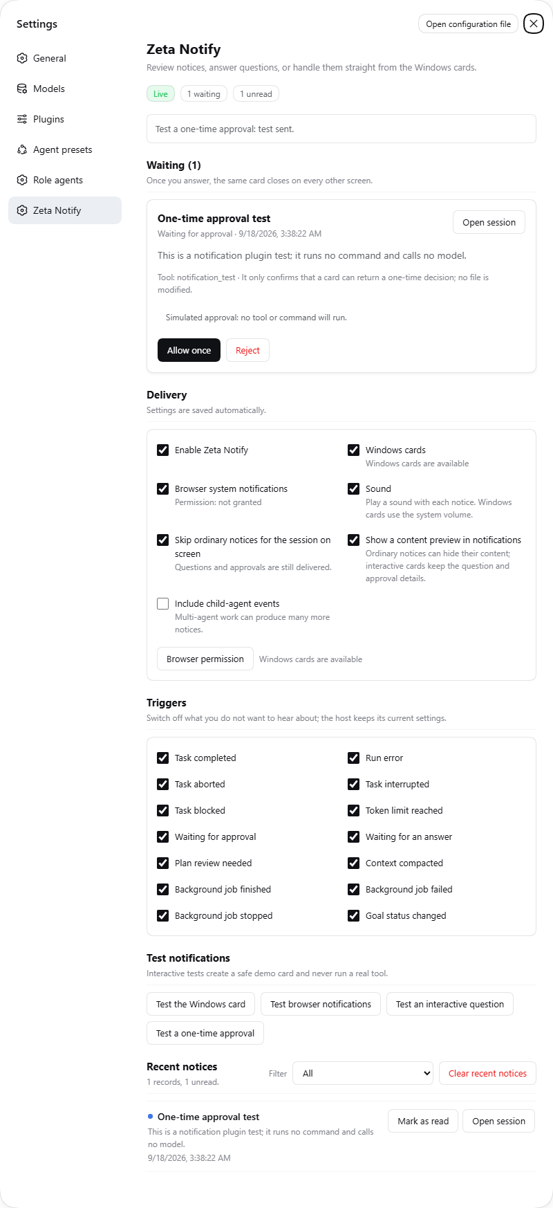 Zeta Notify settings page in English: a waiting approval card, delivery switches, triggers, tests, and recent notices