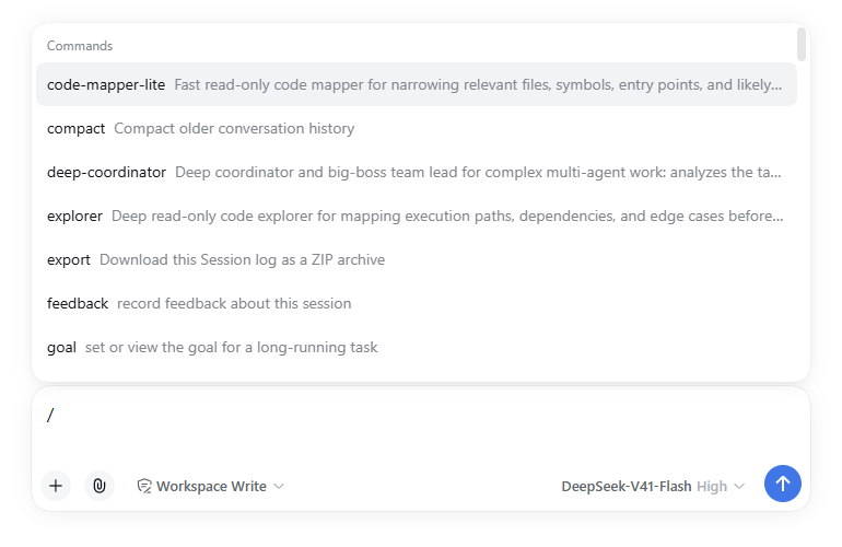 The Web input box with / typed: the roles listed as commands next to the built-in ones